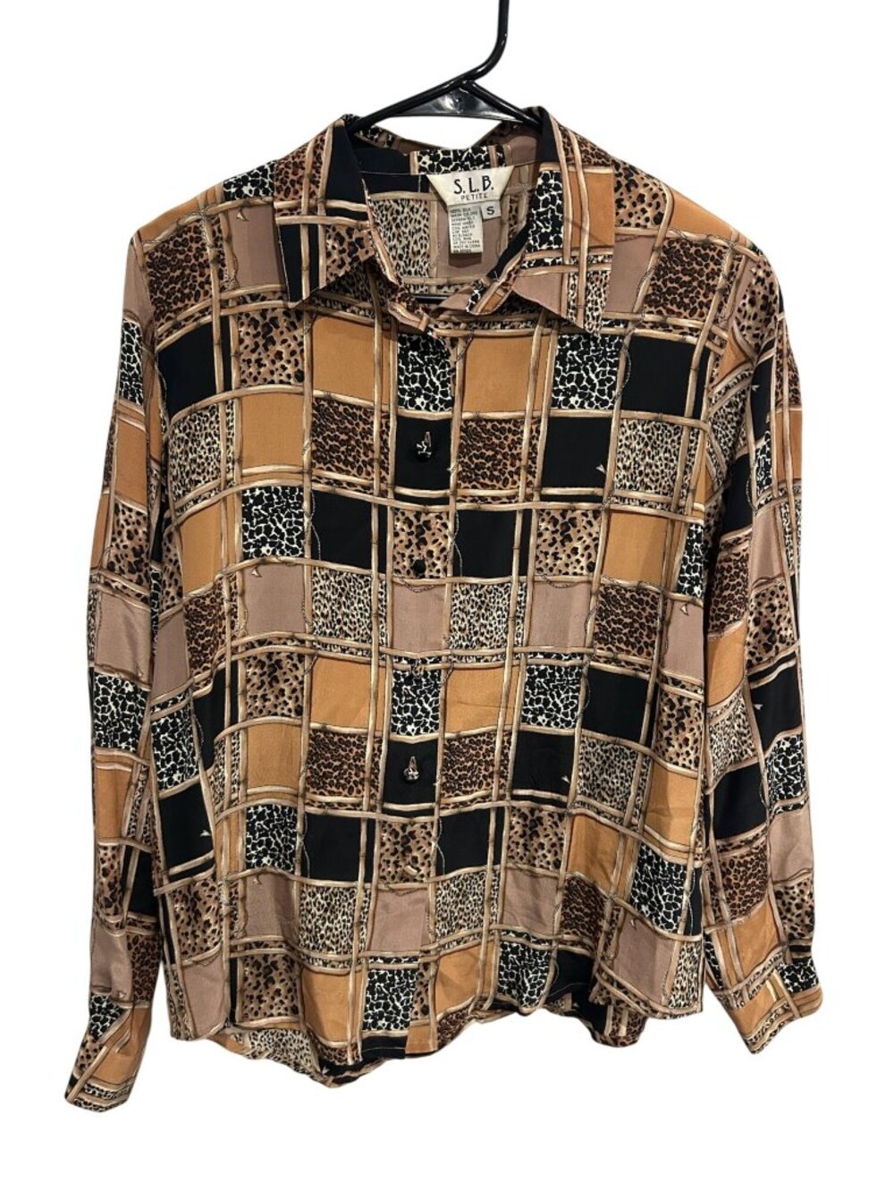 SLB Petite Brown 100% Silk Animal Print Block Button Up Shirt Size Small MobWife